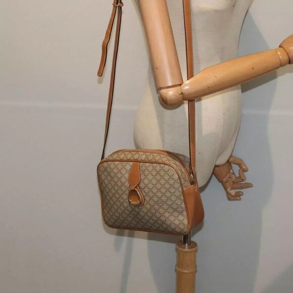 CELINE Macadam Canvas Shoulder Bag Beige Gold Auth - Picture 1 of 16